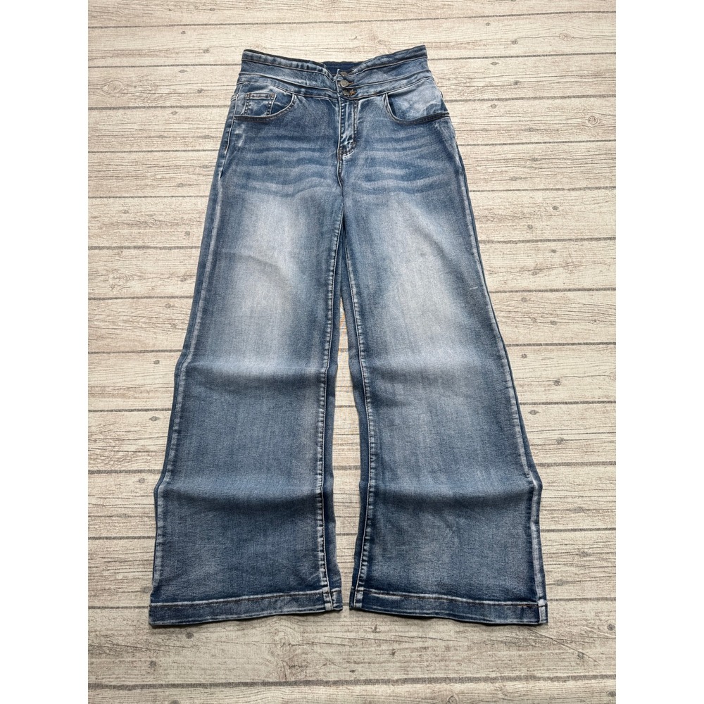 Roswear Jeans Women's Large Blue Denim Wide Leg High Rise Baggy Fit Whiskered